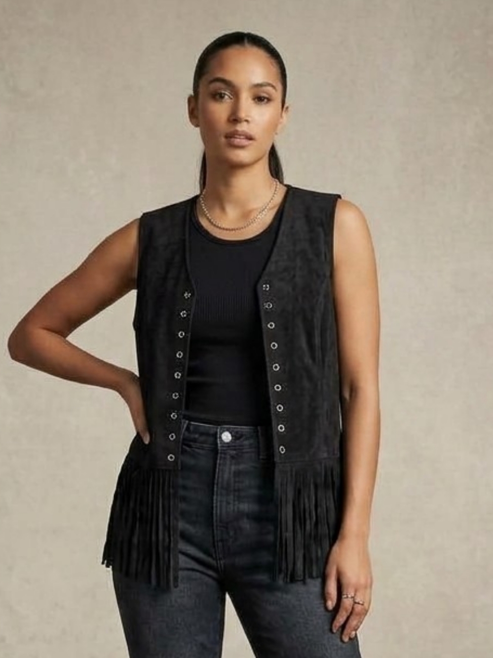 Scarlet Darkness Faux Suede Black Fringe Vest Women Sz XL Western Boho Festival